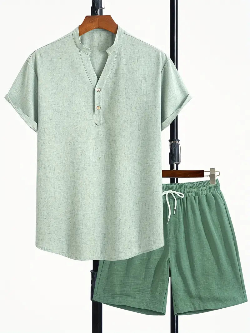 Men’s V-Neck Linen Blend 2-Piece Set